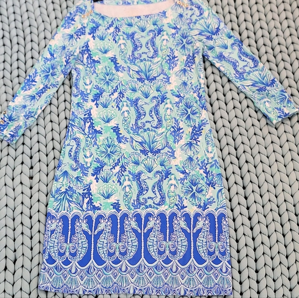 LILLY PULITZER Sophie Mermaid Seahorse Dress sea glass 3/4 sleeve XS